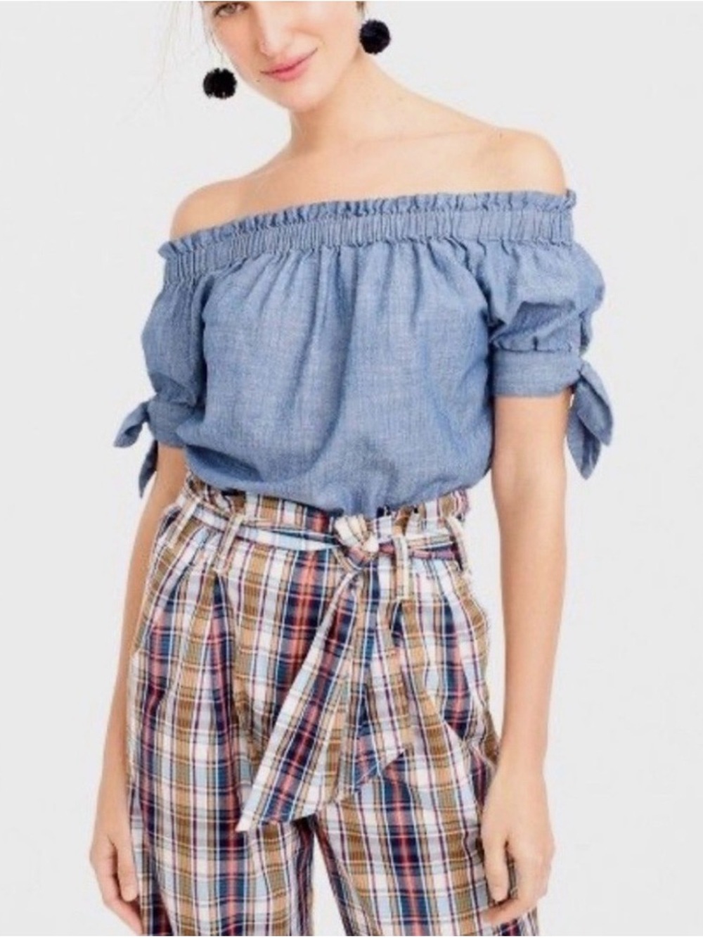 J Crew Off-Shoulder Chambray Tie-Sleeve Top in Light Blue